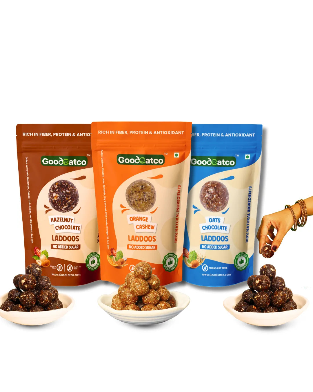 Good Eat Co Protein Bites | Protein Bites Natural Triple Yum Trio -  Hazelnut Chocolate Laddoos, Orange Cashew Laddoos & Oats Chocolate Laddoos - 540g